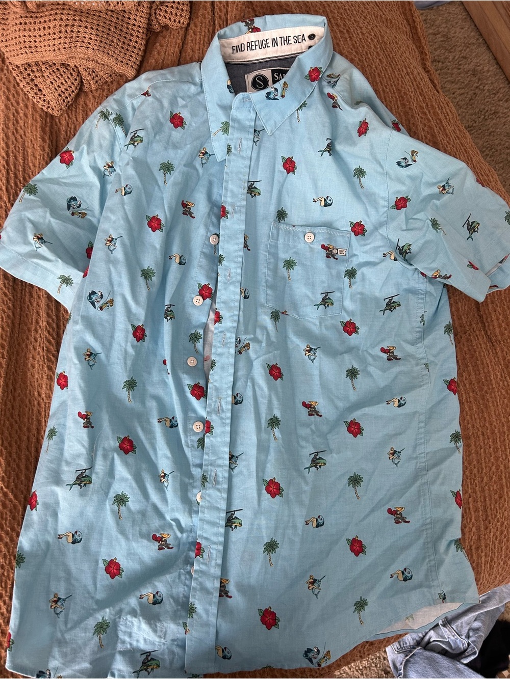 Salty Crew Light Blue Short-Sleeve Button-Down Shirt with Red Floral Accents